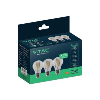 V-TAC 10W E27 meleg fehér filament A60 LED égő, 3 db/csomag - SKU 2144101 kép