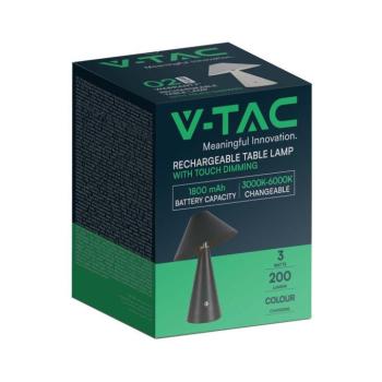 V-TAC 3W fekete fém, érintéssel vezérelhető akkumulátoros LED lámpa, CCT - SKU 7947 kép