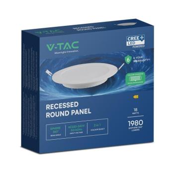 V-TAC CREE SMD süllyeszthető, műanyag IP20, kerek LED panel 18W, CCT - SKU 78646 kép