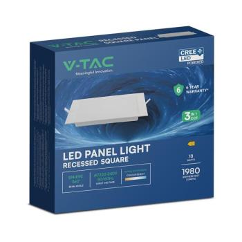 V-TAC CREE SMD süllyeszthető, műanyag IP20, négyzet LED panel 18W, CCT - SKU 104866 kép
