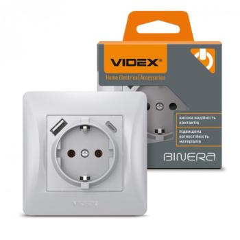 Videx Binera ezüst színű süllyesztett földelt csatlakozó aljzat + 1-1 db USB csatlakozóval USB-C csatlakozóval (20/120) kép