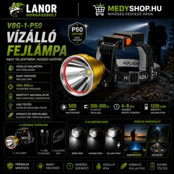 Vízálló fejlámpa beépített újratölthető akkumulátorral 300-500m világítási távolsággal – fekete/arany (V8G-1-P50)