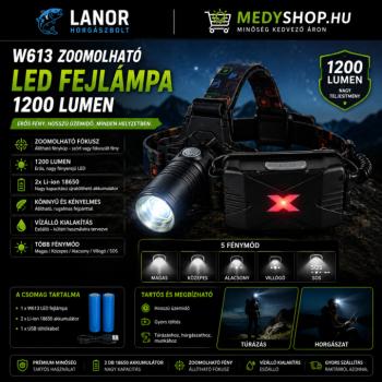 W613 zoomolható LED fejlámpa 1200 lumen 2 db Li-ion 18650 akkumulátorral IPX4 vízállóság – fekete (W613) kép