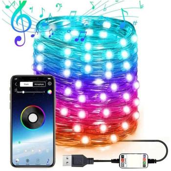 Zenére, tapsra változó színű, IP67 vízálló, RGB LED fényfüzér – távirányítóval és okostelefonnal is vezérelhető – 10 m (BBJ-M) kép